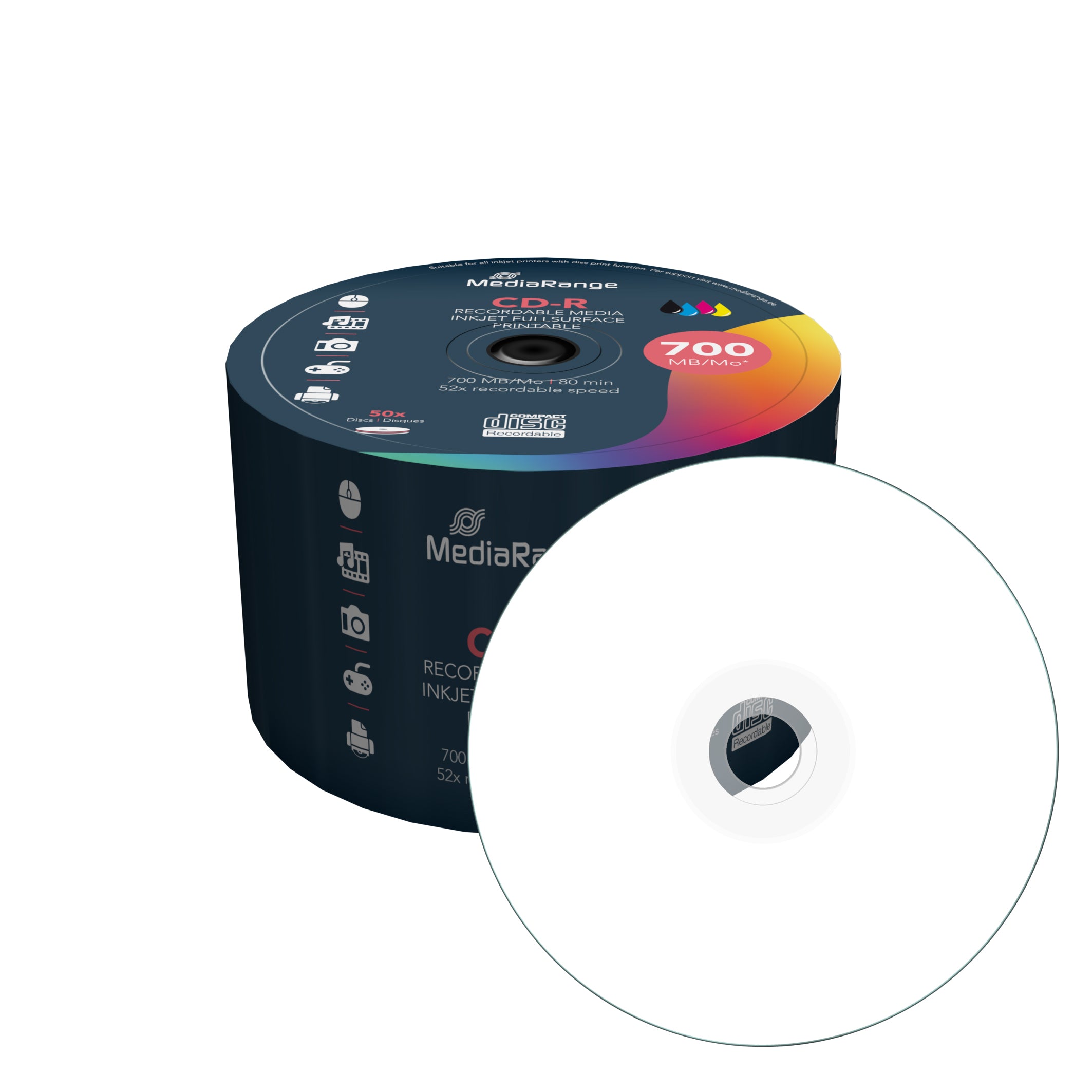 MR208 MediaRange CD-R 700MB, 80min, 52x speed, inkjet full surface printable, 50-Pack
