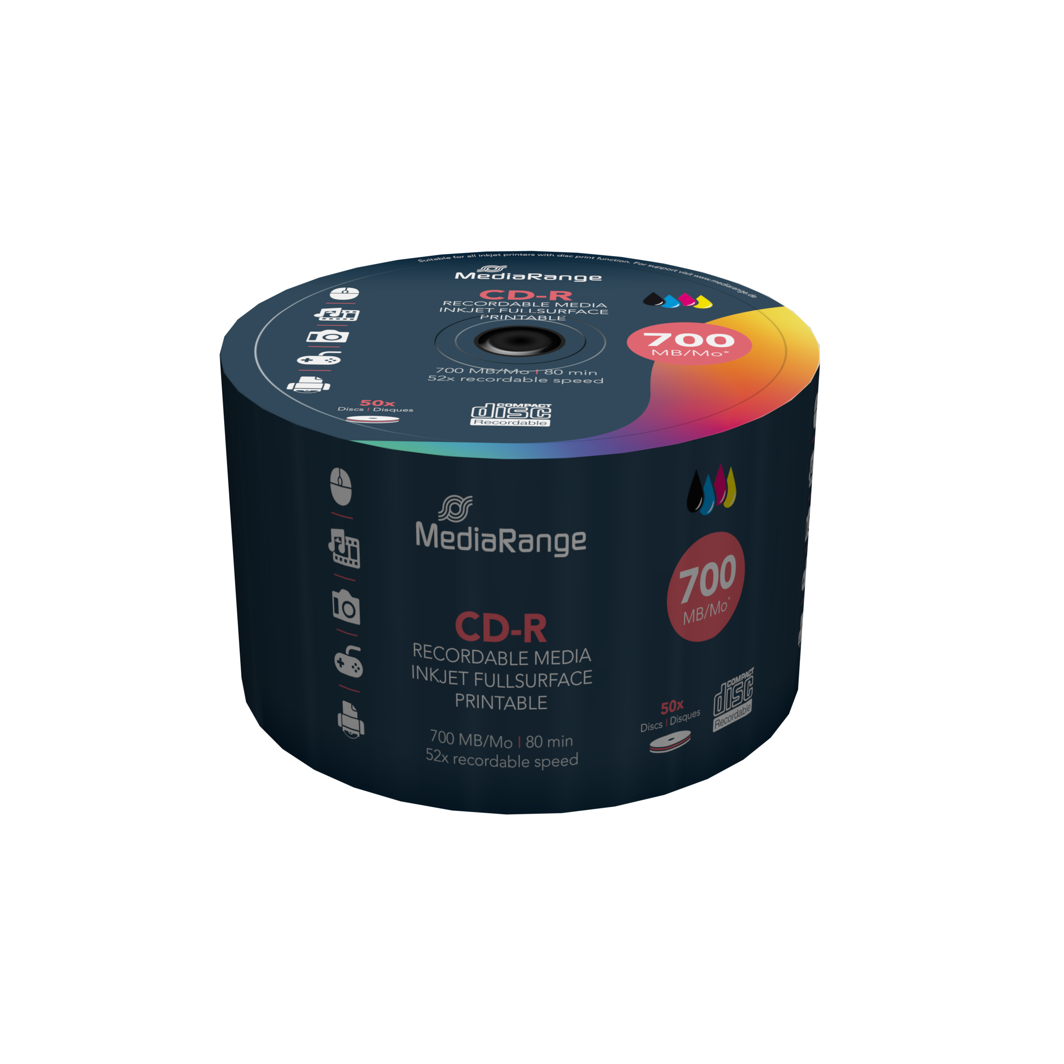 MR208 MediaRange CD-R 700MB, 80min, 52x speed, inkjet full surface printable, 50-Pack