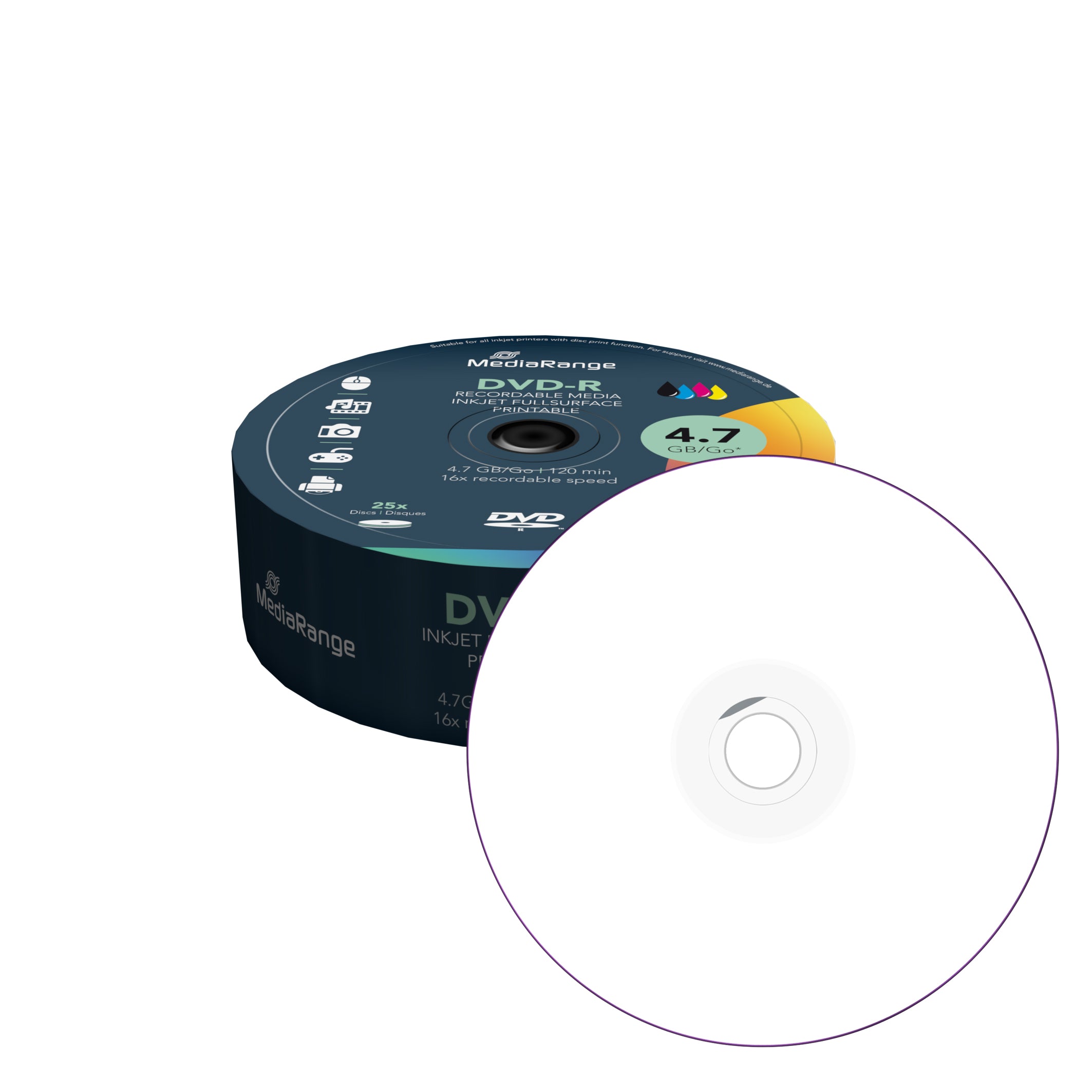 MR407 MediaRange DVD-R 4.7GB, 120min, 16x speed, inkjet full surface, 25-Pack