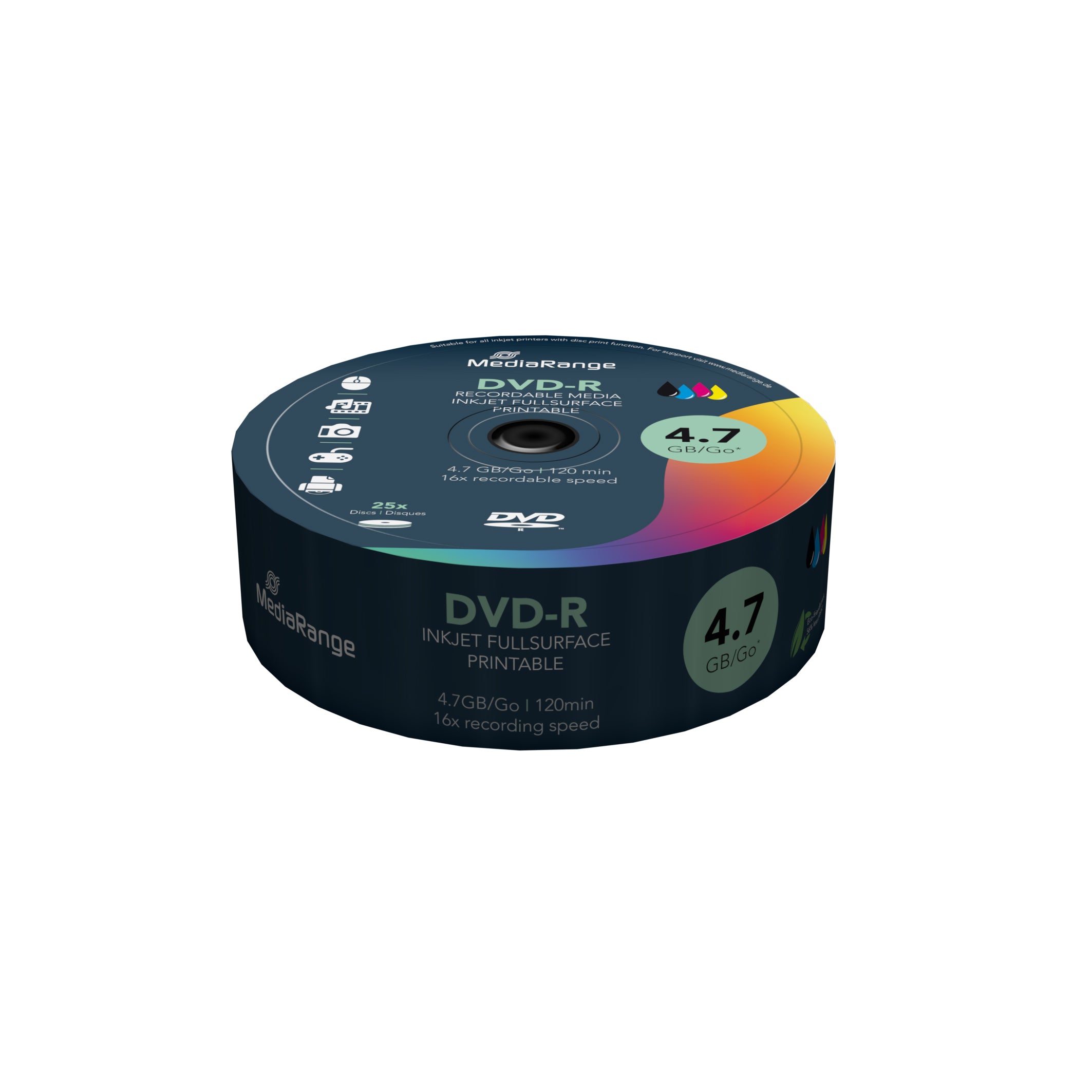 MR407 MediaRange DVD-R 4.7GB, 120min, 16x speed, inkjet full surface, 25-Pack