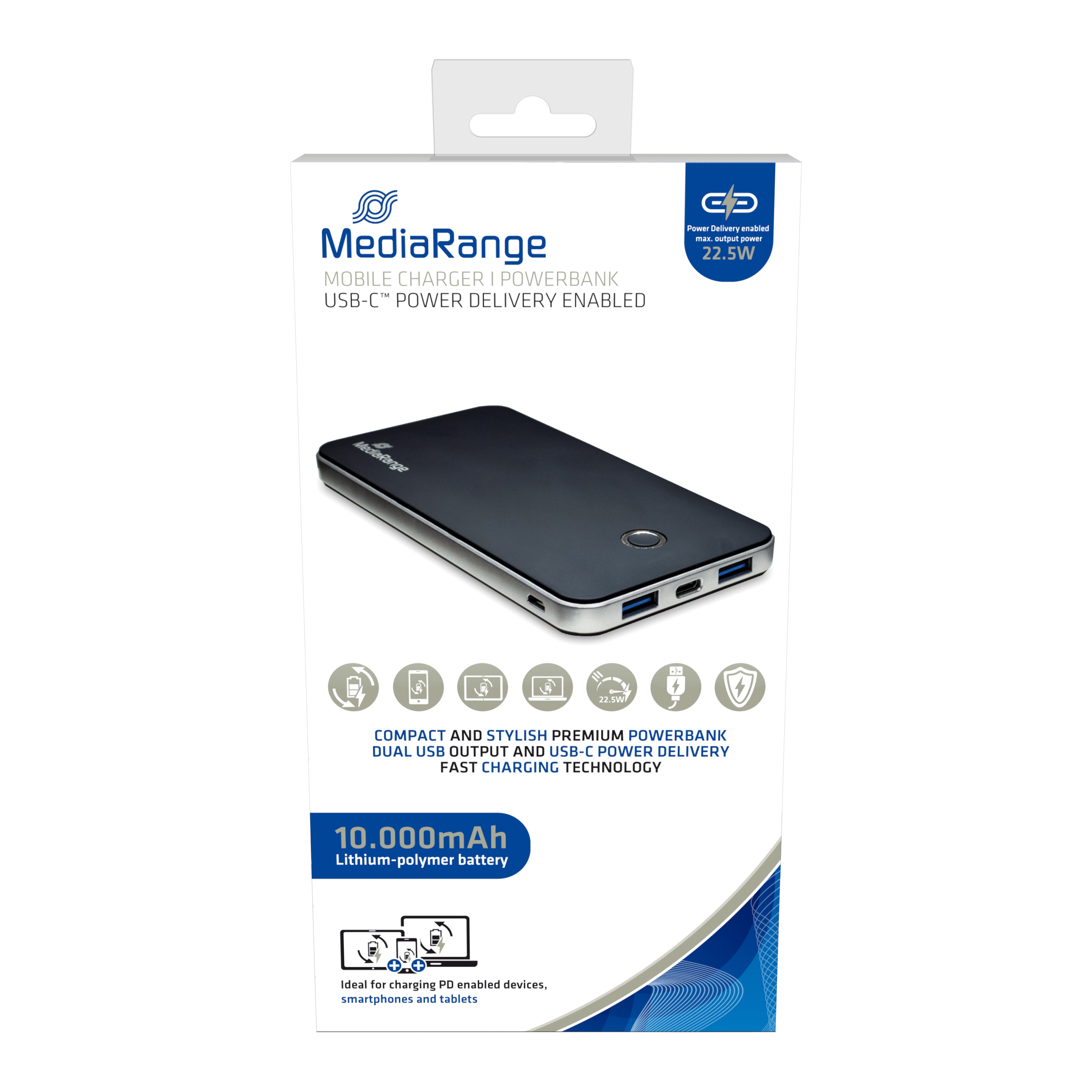 MR753 MediaRange Mobile Charger Powerbank 10.000mAh, 2x USB-A and 1x USB-C®, Power Delivery and Quick Charge™, black/silver