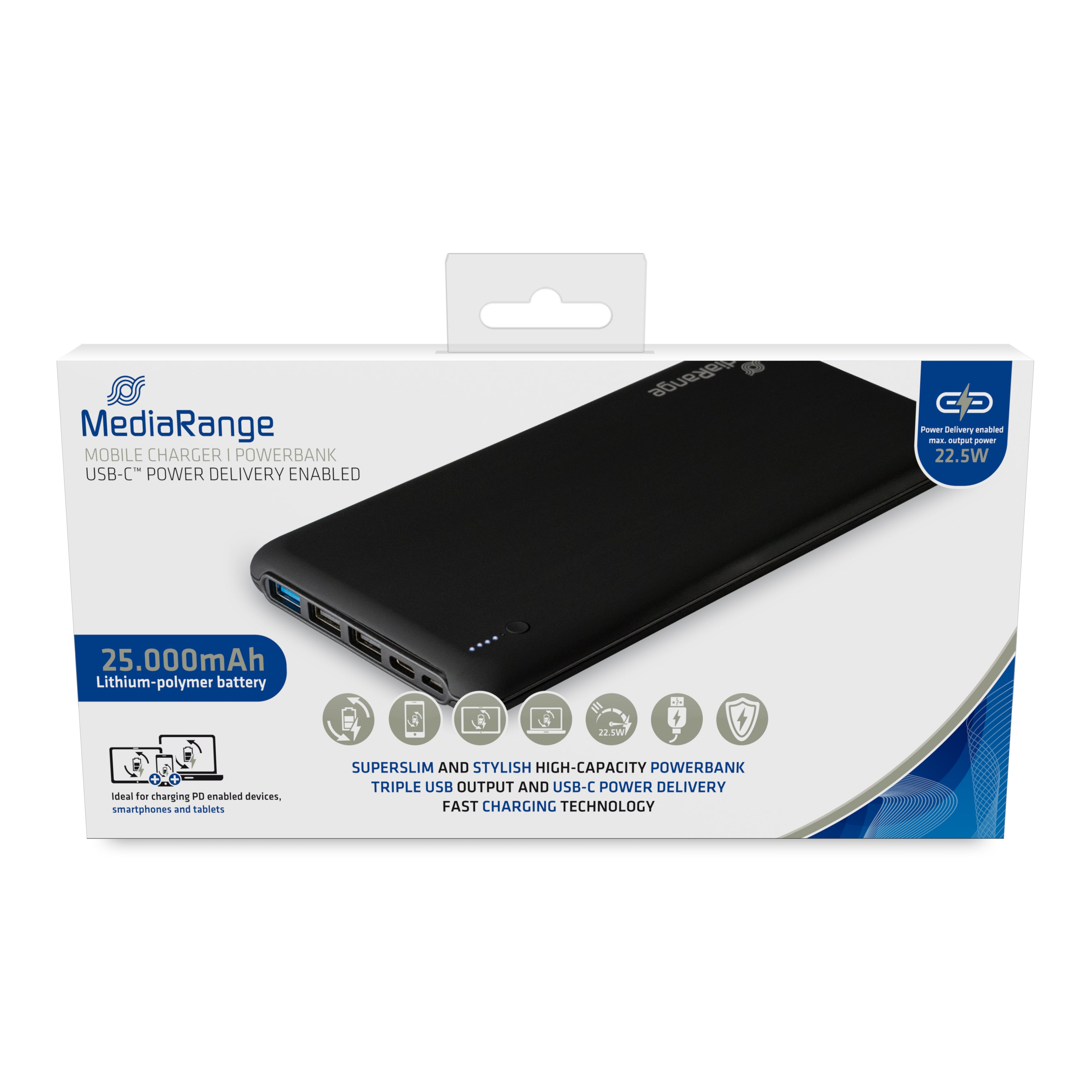 MR754 MediaRange mobile charger, Powerbank 25.000mAh, 3x USB-A and 1x USB-C®, Power Delivery and Quick Charge™, black