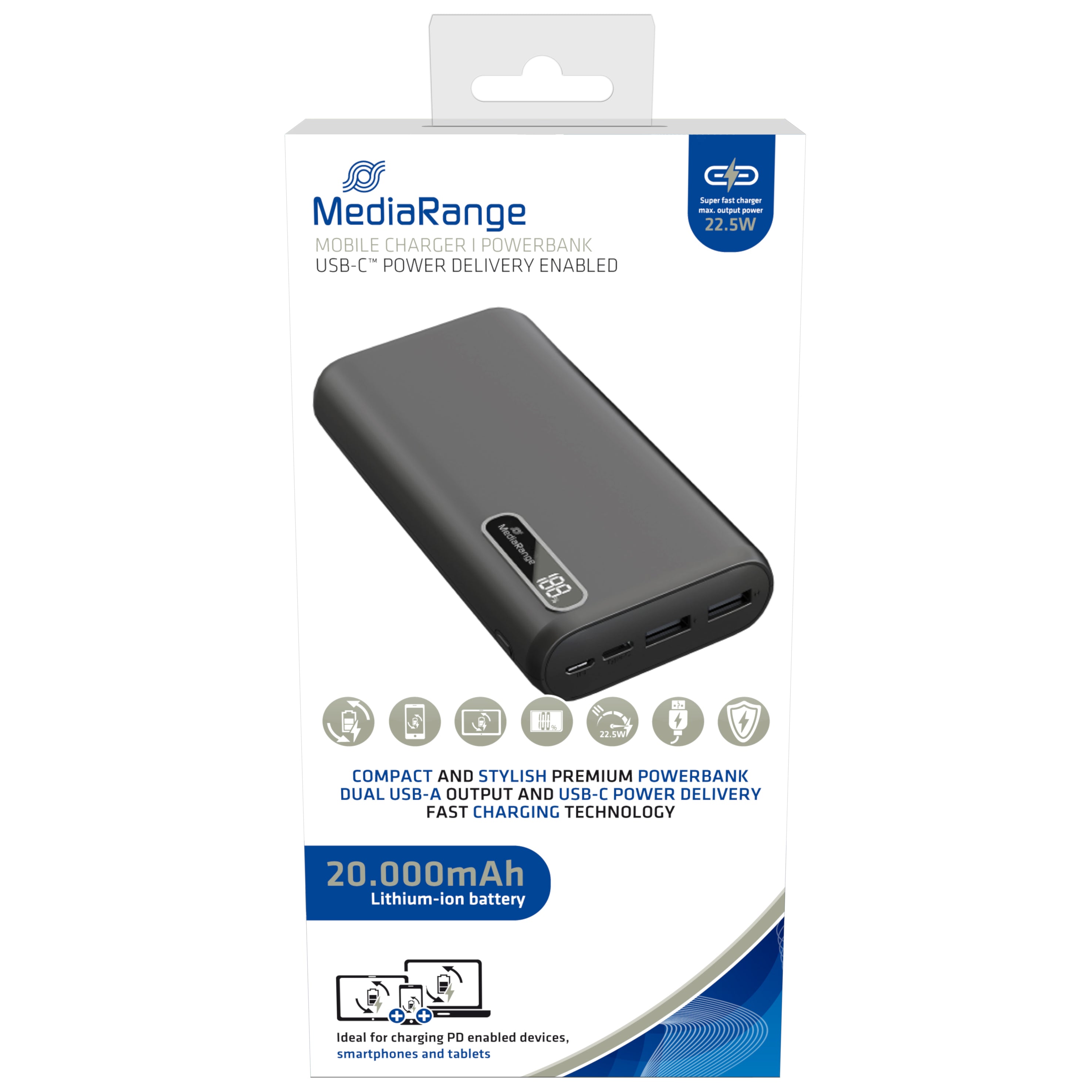 MR756 MediaRange Mobile charger, Powerbank 20.000mAh with battery level;LCD, 2x USB-A and 1x USB-C®