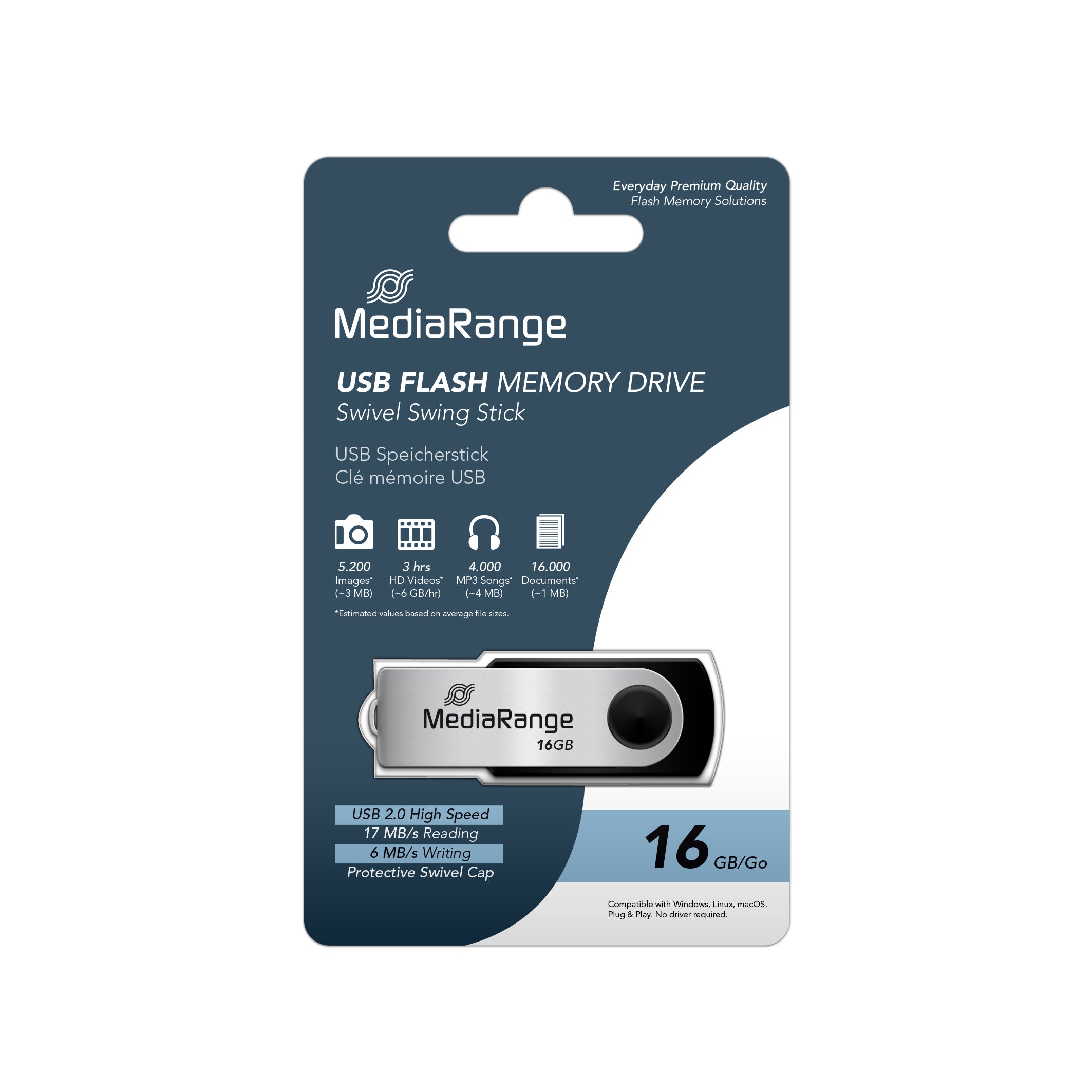MR910 MediaRange USB 2.0 Flash Memory Drive, Swivel Housing, Silver/Black, 16GB