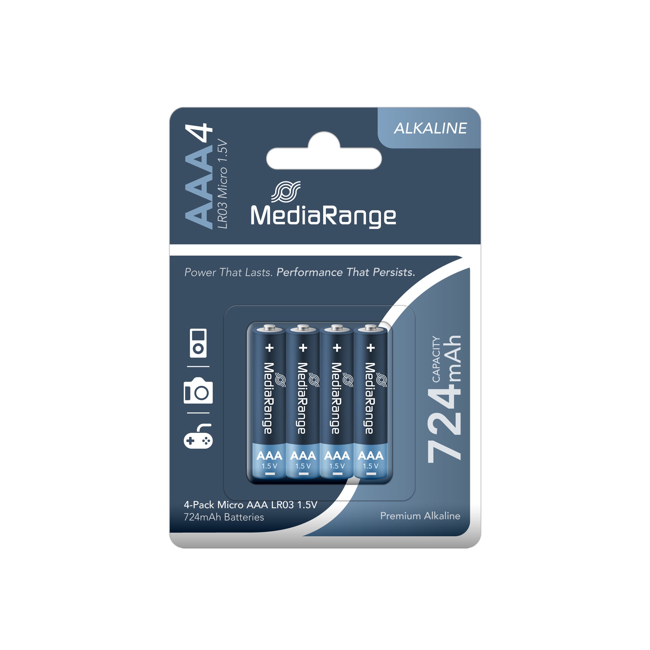 MRBAT101  MediaRange Premium Alkaline Batteries, AAA, LR03, 1.5V, Pack 4