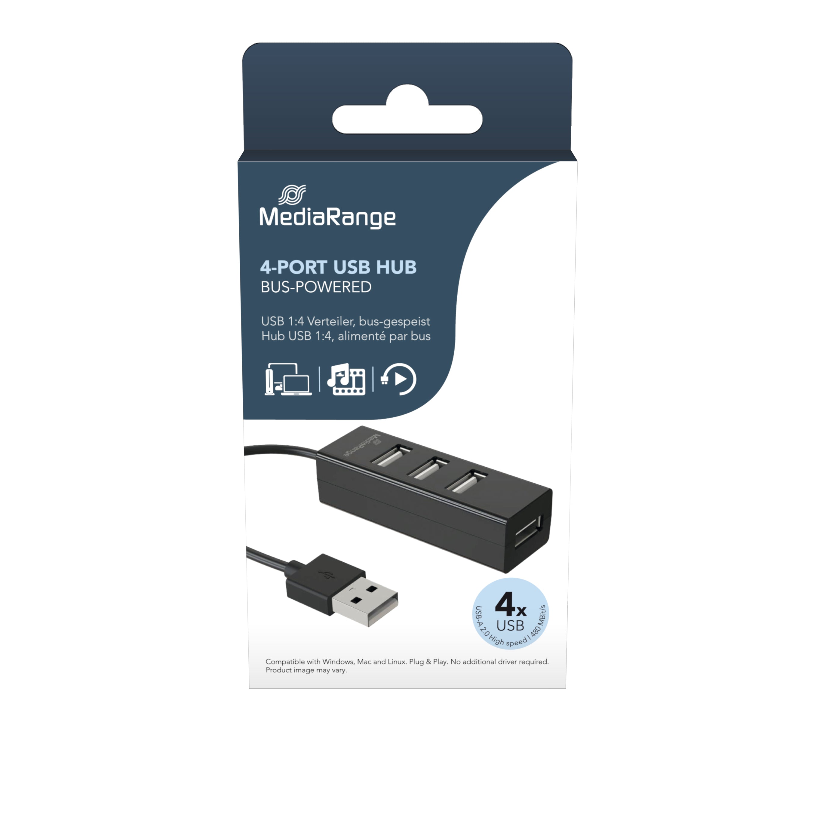 MRCS502 MediaRange USB 2.0 hub 1:4, bus-powered, black