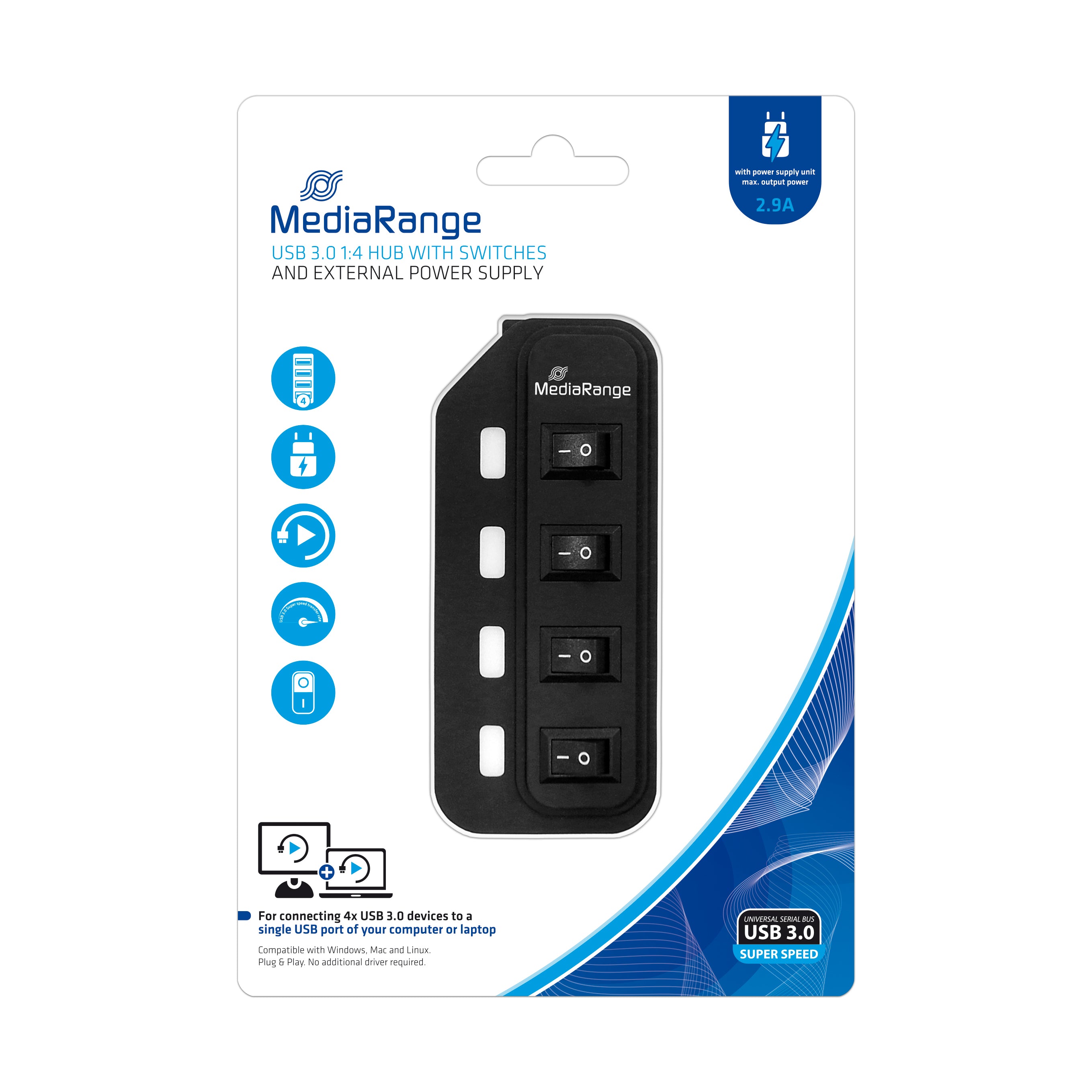 MRCS505 MediaRange USB 3.0 hub 1:4 with separate switches and power supply unit, black