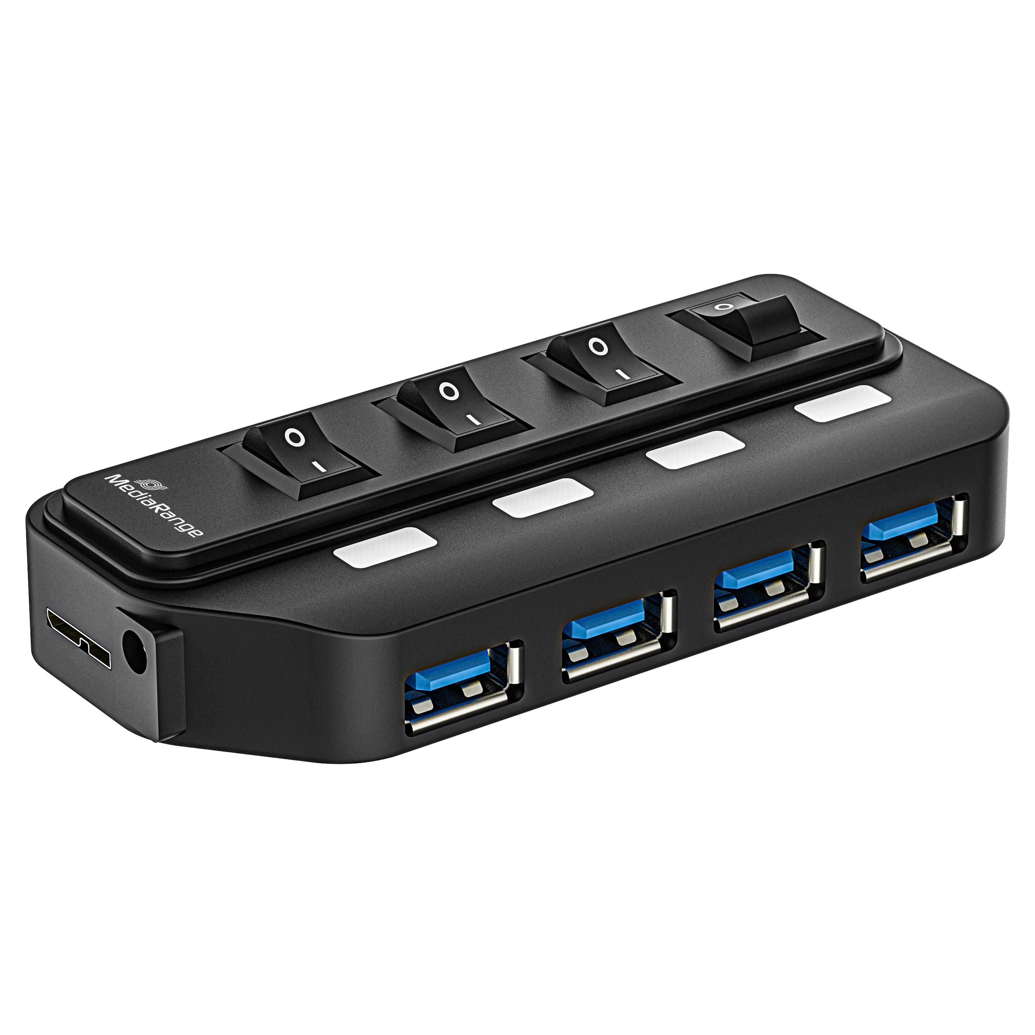 MRCS505 MediaRange USB 3.0 hub 1:4 with separate switches and power supply unit, black