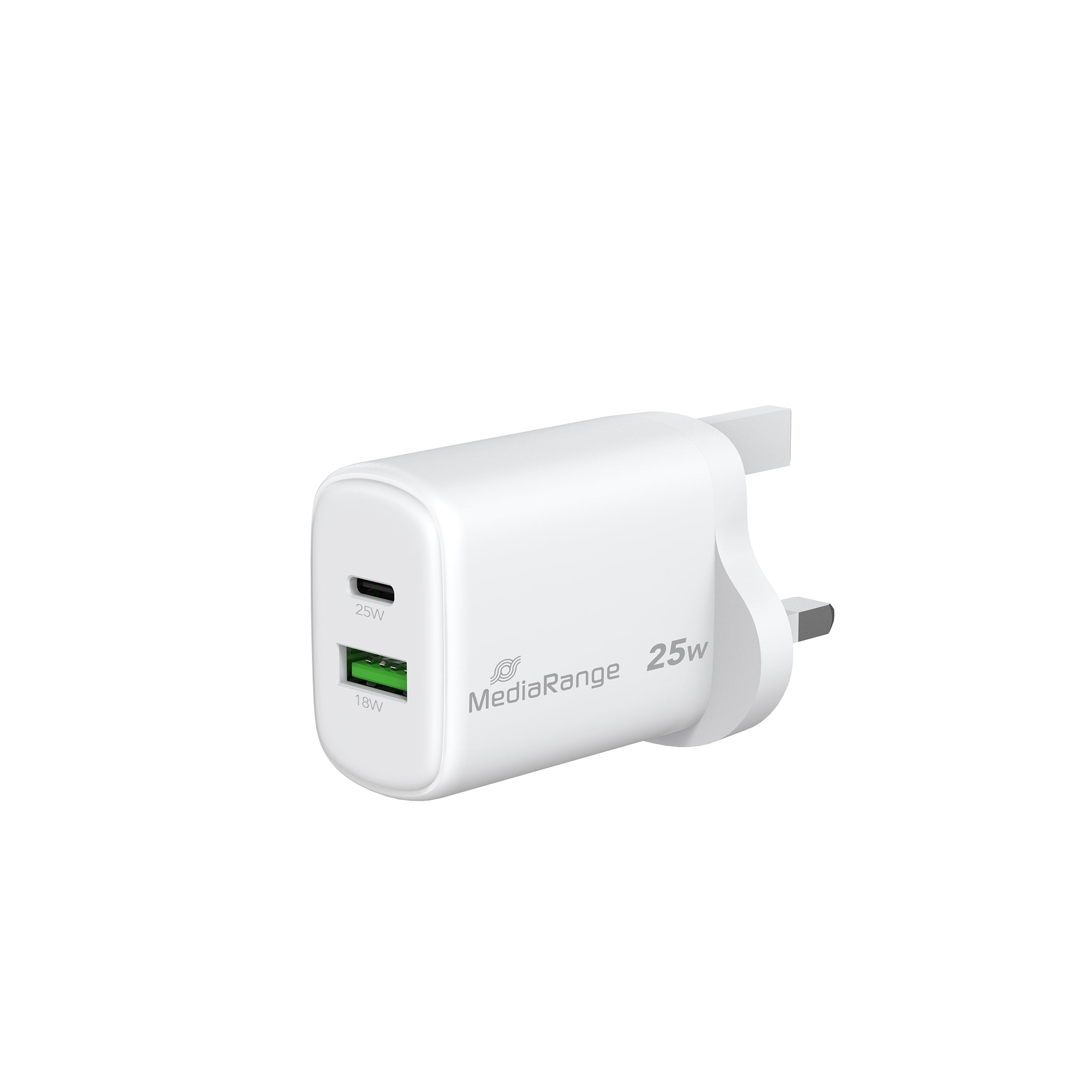 MRMA112 MediaRange 25W GaN Fast Charging Adapter (UK-Plug), 1x USB-C® and USB - A, Power Delivery and Quick Charge™ enabled, White