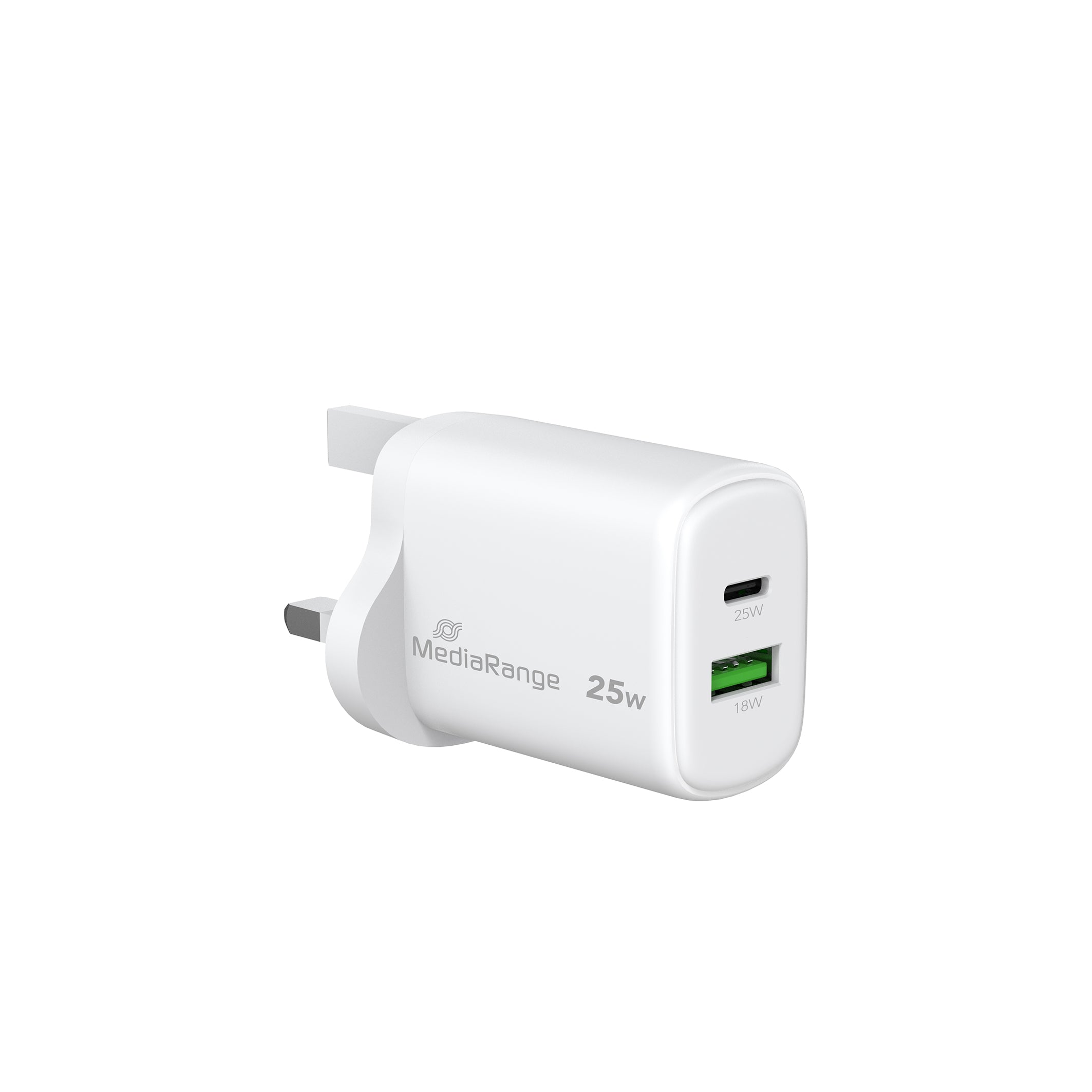MRMA112 MediaRange 25W GaN Fast Charging Adapter (UK-Plug), 1x USB-C® and USB - A, Power Delivery and Quick Charge™ enabled, White