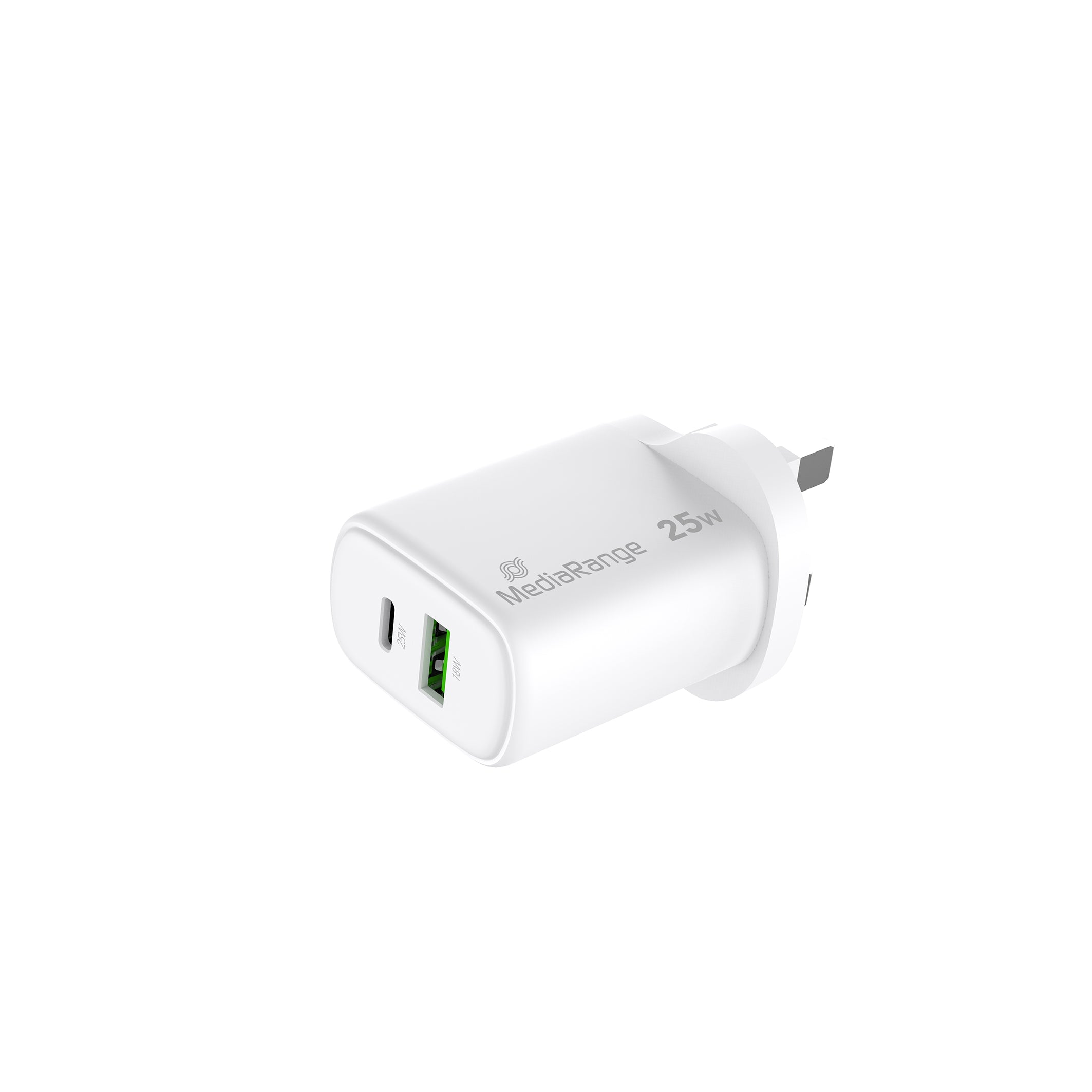 MRMA112 MediaRange 25W GaN Fast Charging Adapter (UK-Plug), 1x USB-C® and USB - A, Power Delivery and Quick Charge™ enabled, White