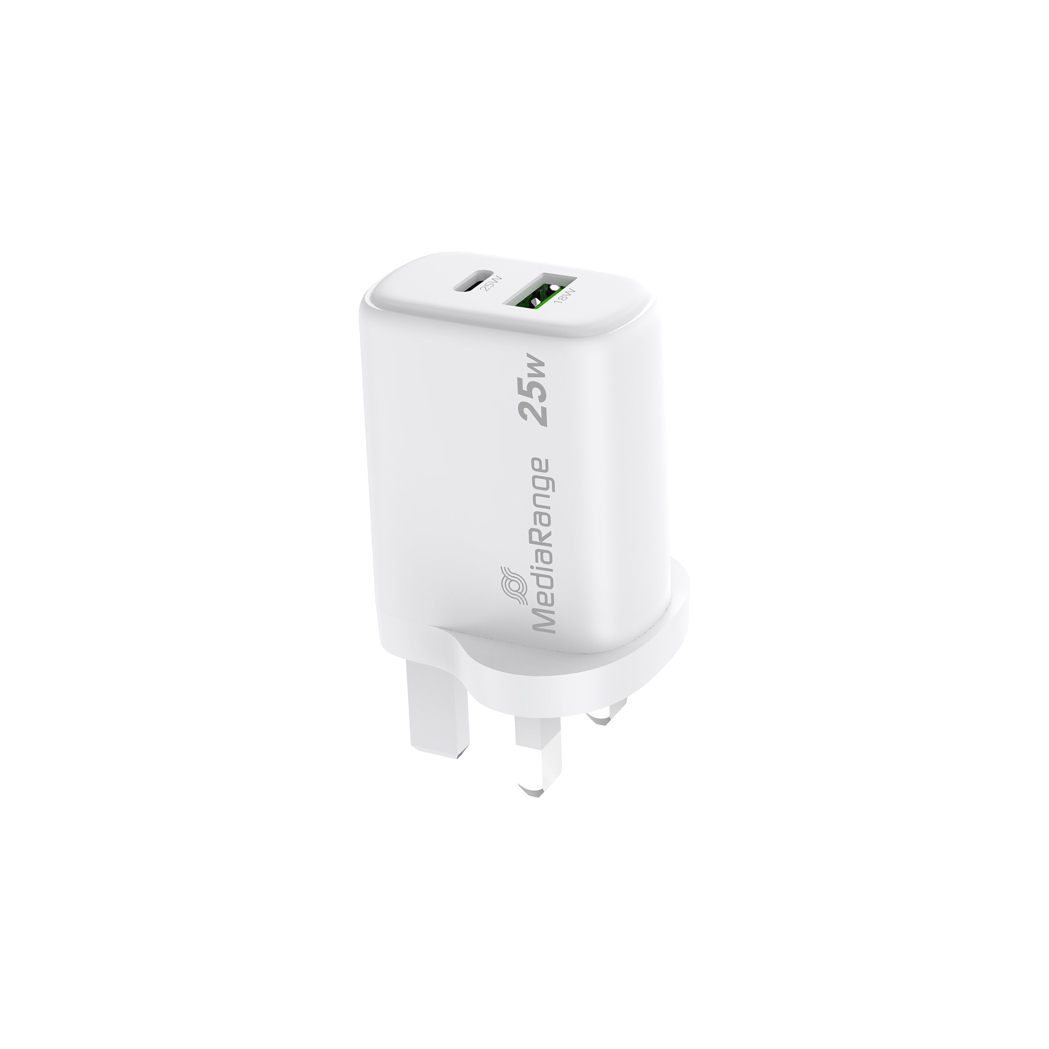 MRMA112 MediaRange 25W GaN Fast Charging Adapter (UK-Plug), 1x USB-C® and USB - A, Power Delivery and Quick Charge™ enabled, White