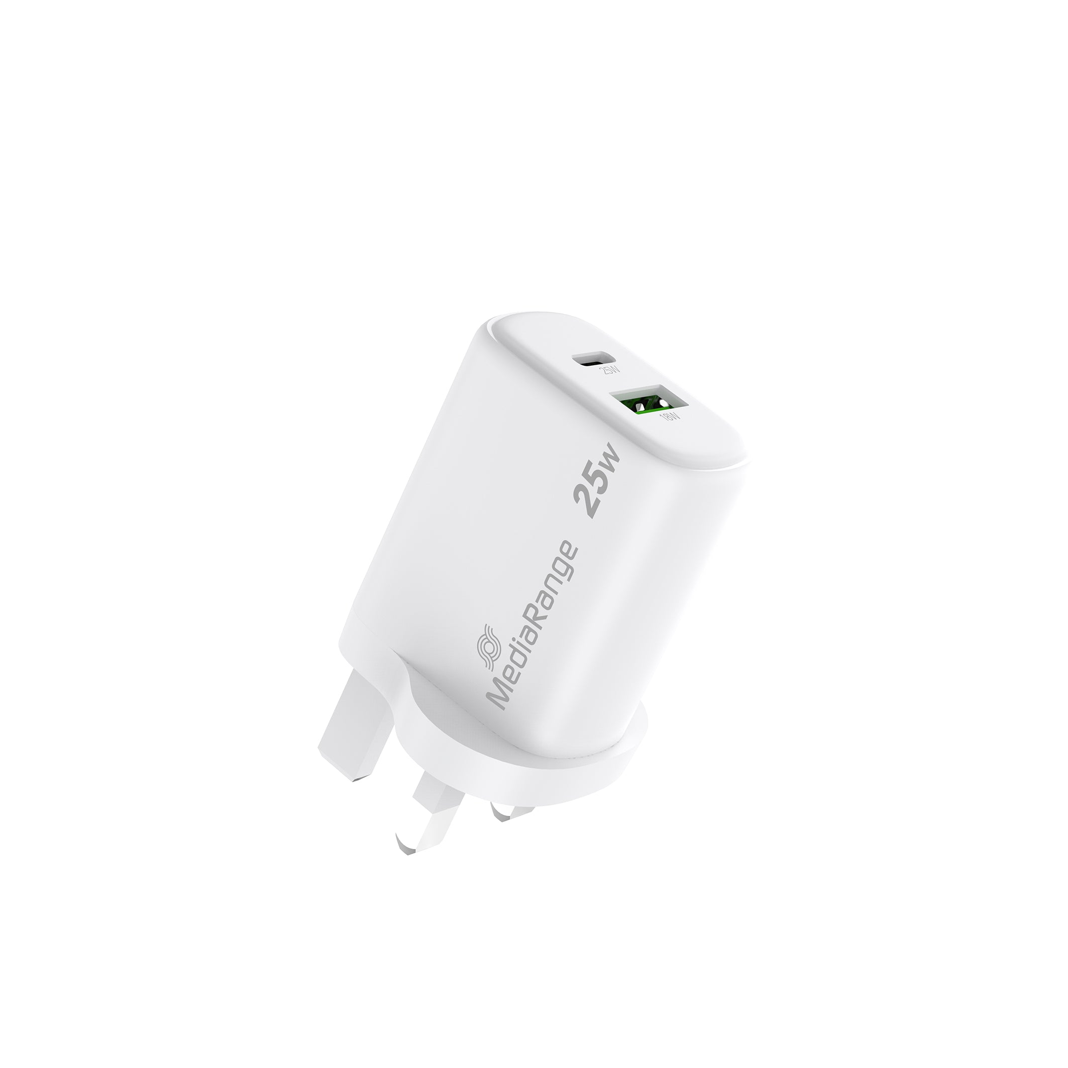 MRMA112 MediaRange 25W GaN Fast Charging Adapter (UK-Plug), 1x USB-C® and USB - A, Power Delivery and Quick Charge™ enabled, White