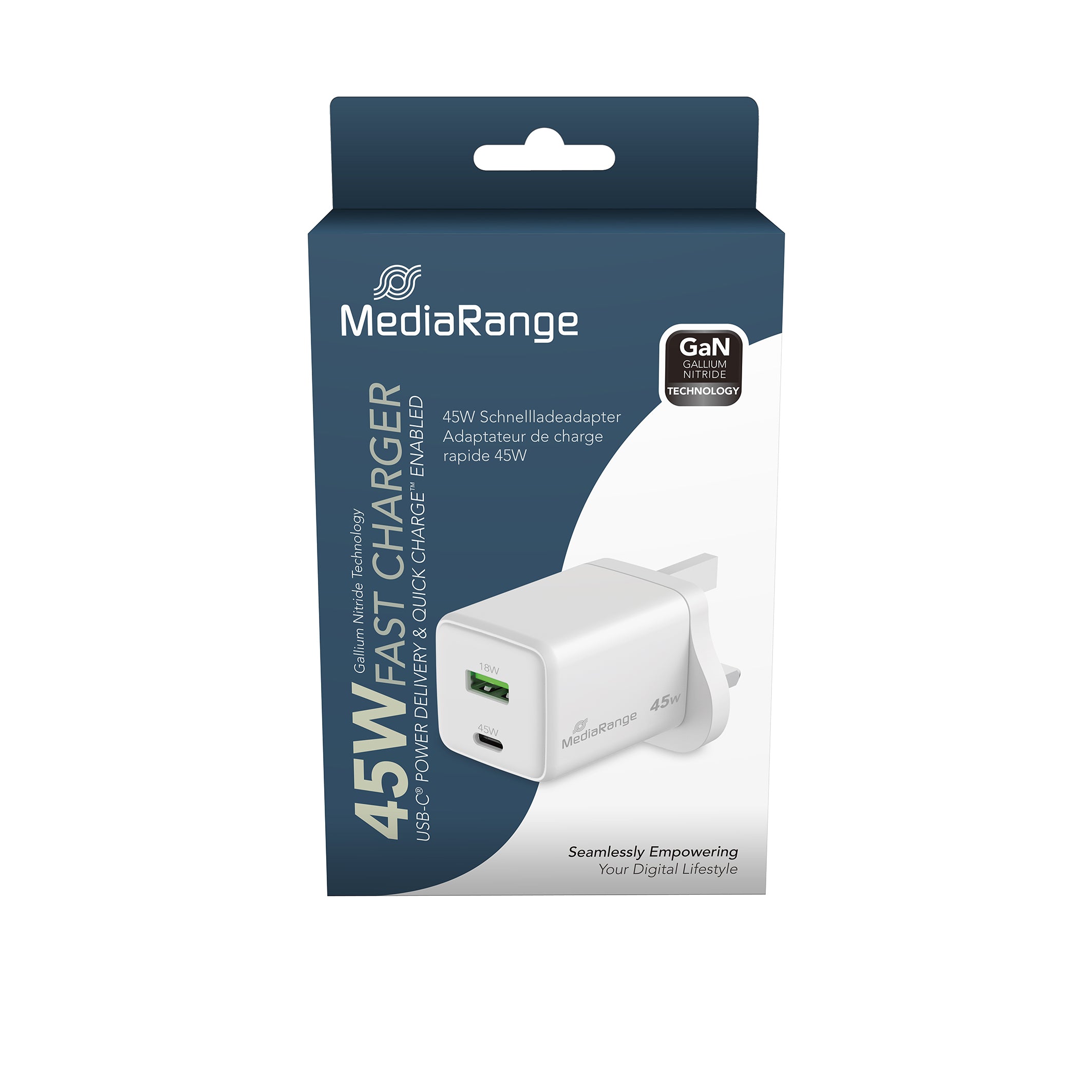 MRMA113 MediaRange 45W GaN Fast Charging Adapter (UK-Plug), 1x USB-C® and 1 x USB-A
