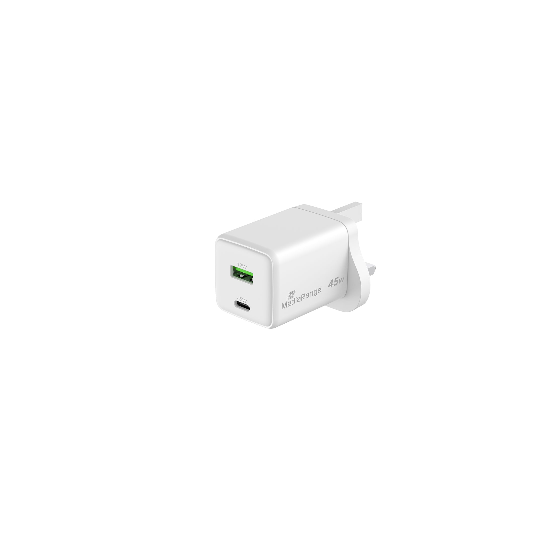MRMA113 MediaRange 45W GaN Fast Charging Adapter (UK-Plug), 1x USB-C® and 1 x USB-A