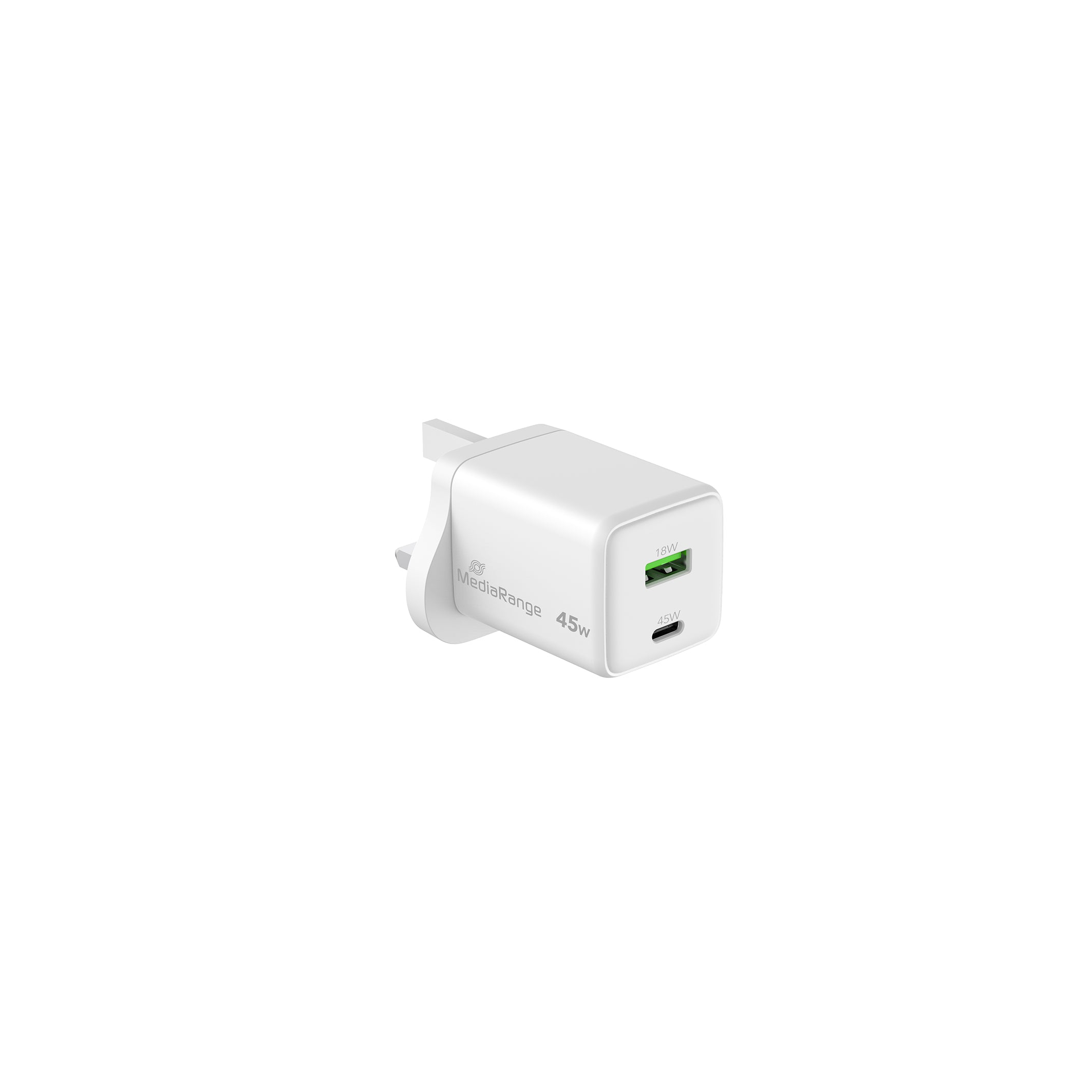 MRMA113 MediaRange 45W GaN Fast Charging Adapter (UK-Plug), 1x USB-C® and 1 x USB-A