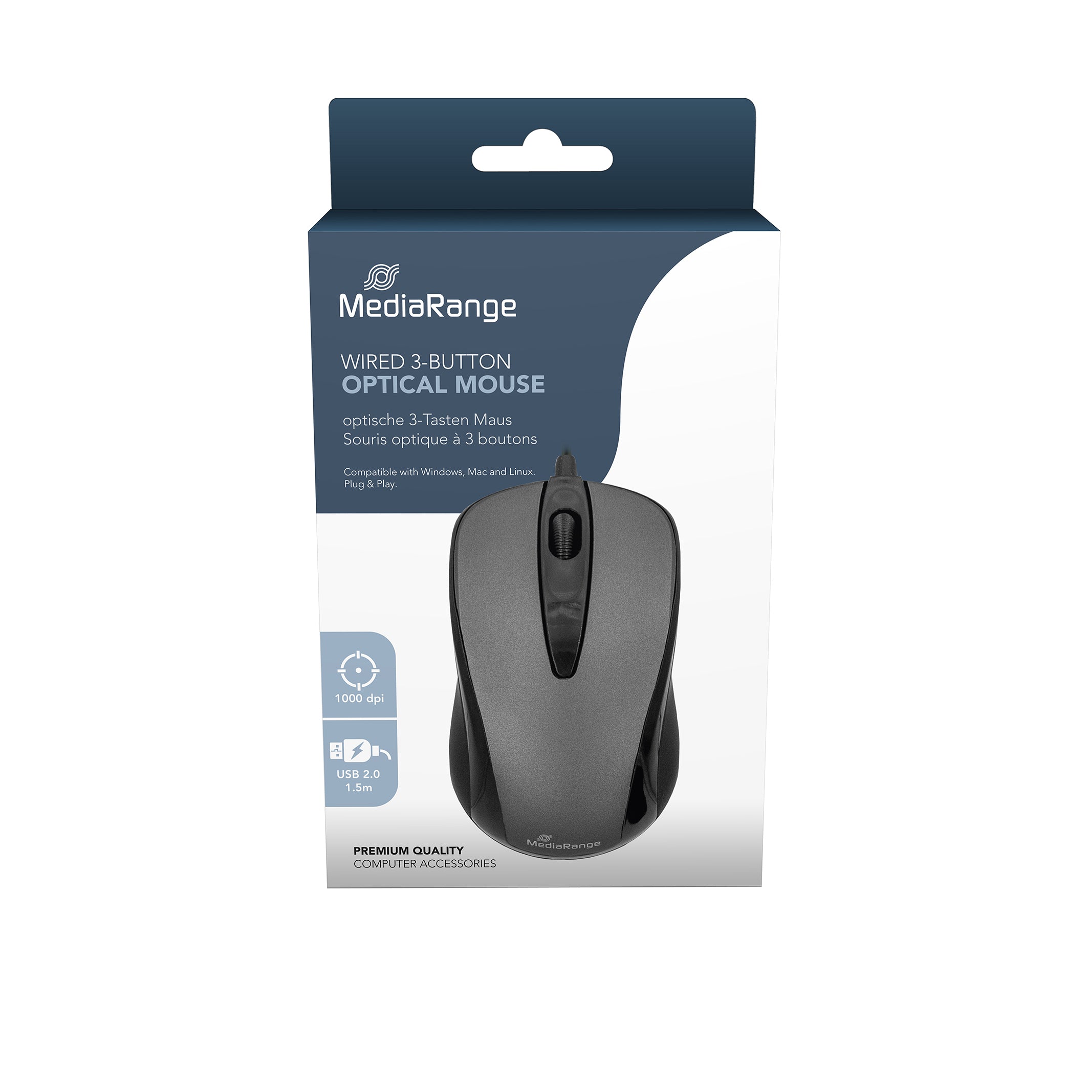 MROS201 MediaRange Wired Optical 3-Button Mouse with Scroll-Wheel, 1.000 dpi, Symmetrical, 1.5m Cable, Black/Grey