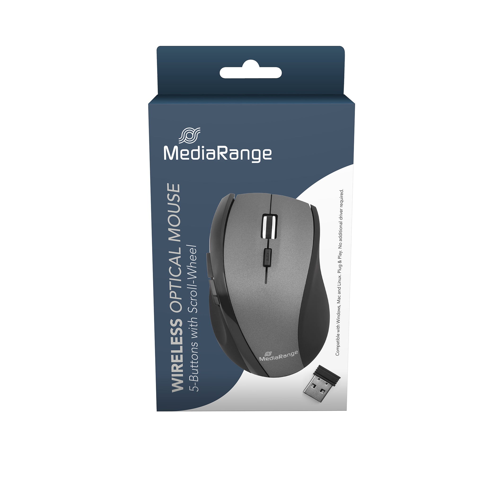 MROS203 MediaRange Optical 6-Button Wireless Mouse with Scroll-Wheel, DPIand Thumb Buttons, 1.000 - 1.600 dpi, for Right-Handers, Grey/Black