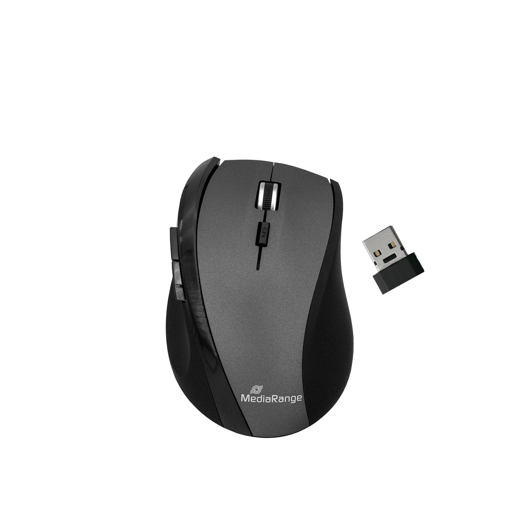 MROS203 MediaRange Optical 6-Button Wireless Mouse with Scroll-Wheel, DPIand Thumb Buttons, 1.000 - 1.600 dpi, for Right-Handers, Grey/Black